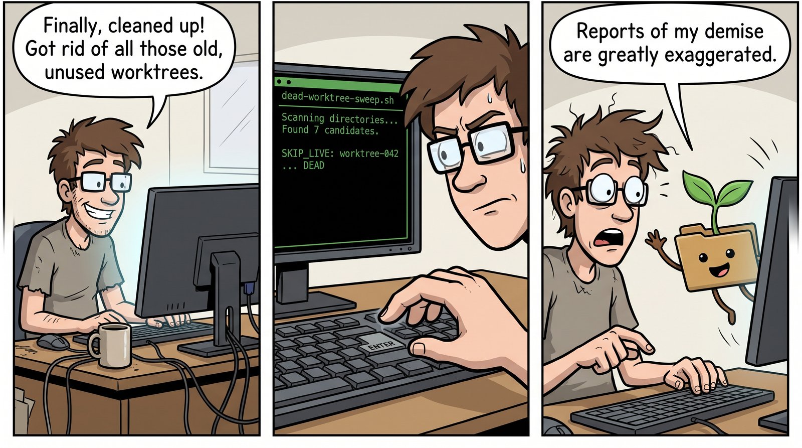 A three-panel comic strip. Panel 1: an engineer grins at his monitor, saying “Finally, cleaned up! Got rid of all those old, unused worktrees,” while the terminal reads “dead-worktree-sweep.sh … SKIP_LIVE: worktree-042 … DEAD.” Panel 2: his finger hovers over the Enter key, tense. Panel 3: a small smiling sprout growing out of a folder pops up next to the monitor, waving, as the startled engineer freezes mid-keystroke; the sprout’s speech bubble reads “Reports of my demise are greatly exaggerated.”
