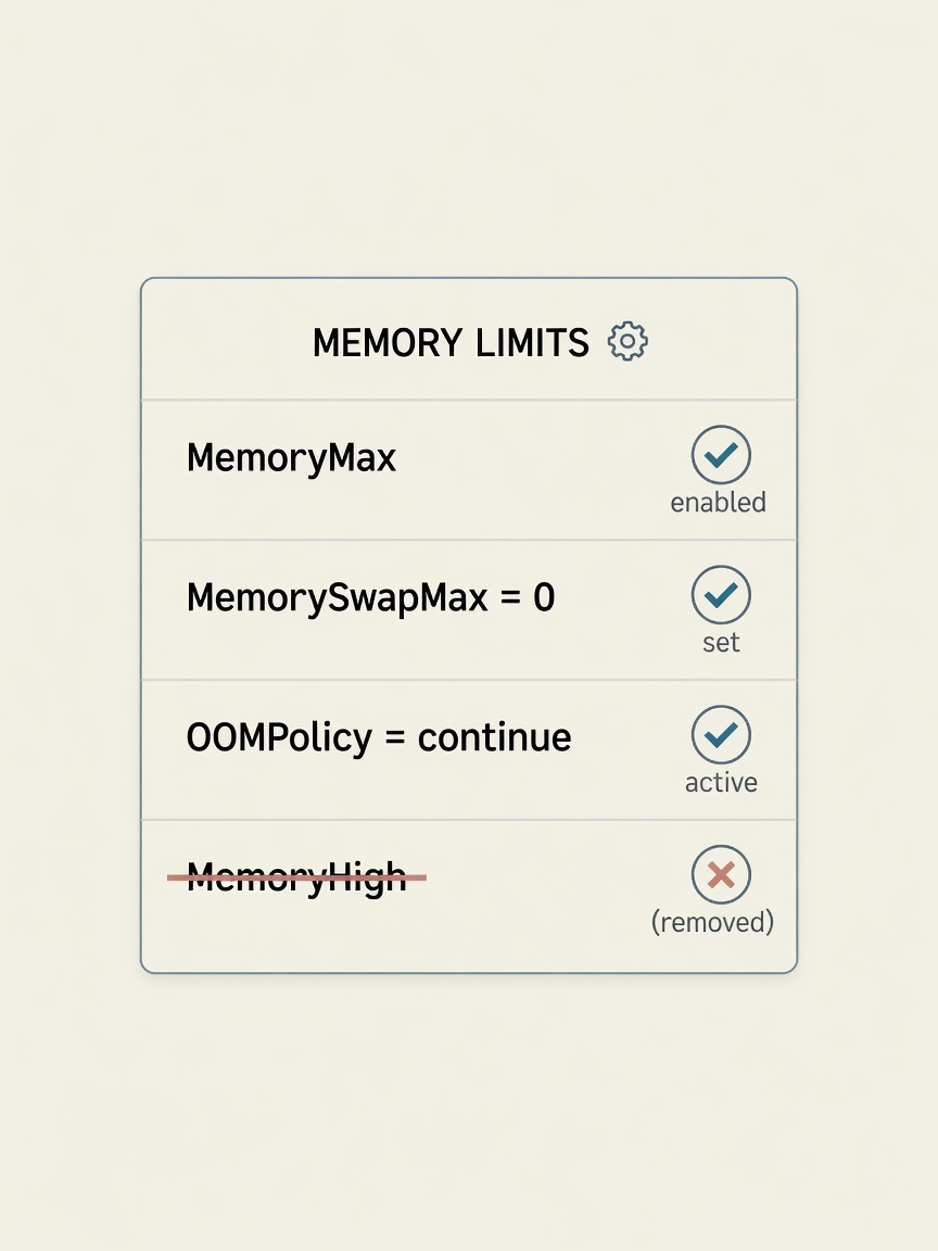 A settings card showing MemoryMax enabled, MemorySwapMax=0 set, OOMPolicy=continue active, and MemoryHigh removed