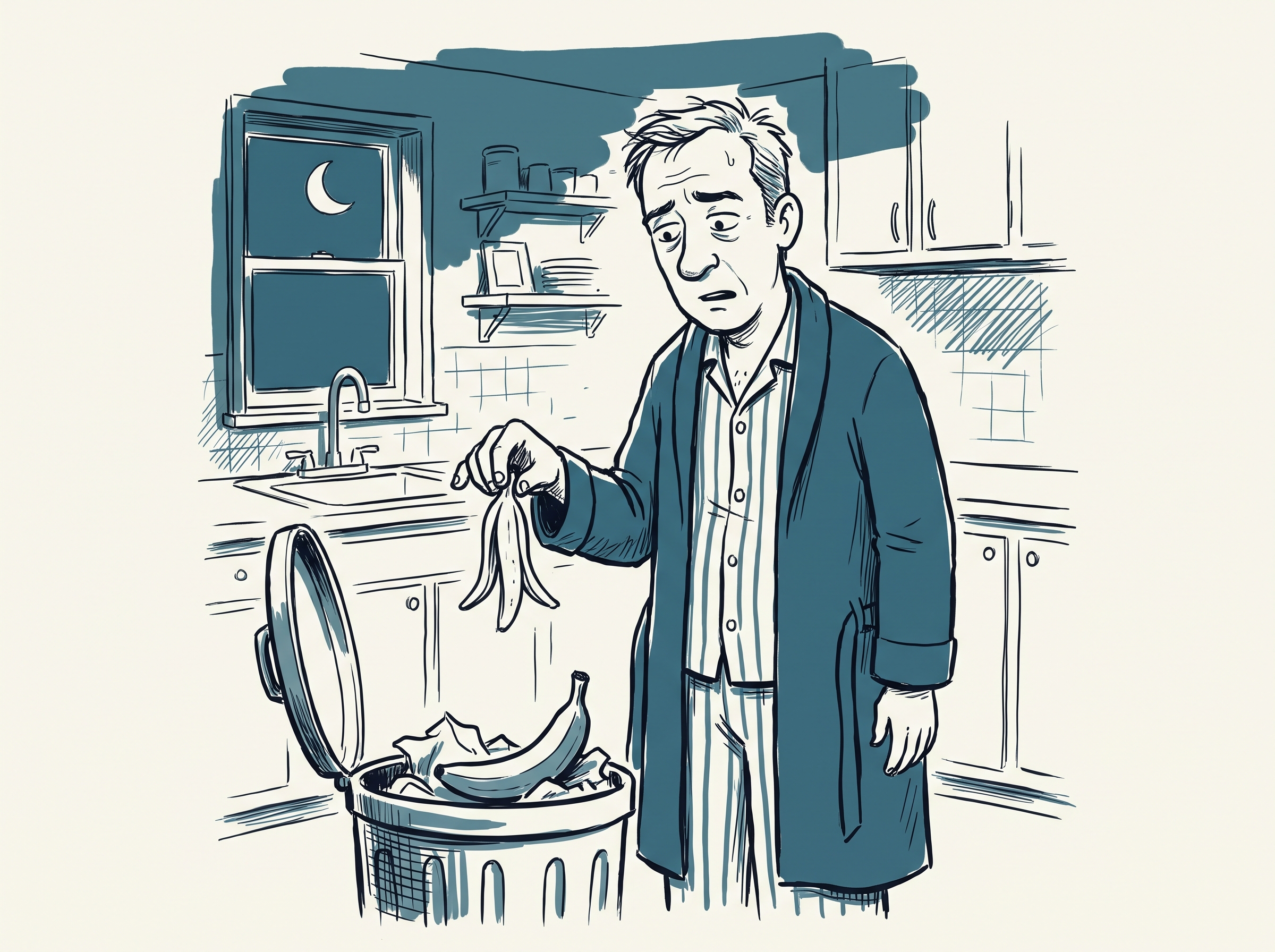A cartoon of a puzzled, exhausted man in a kitchen at night, staring down at a banana peel in his hand while the banana itself sits in the trash can in front of him.