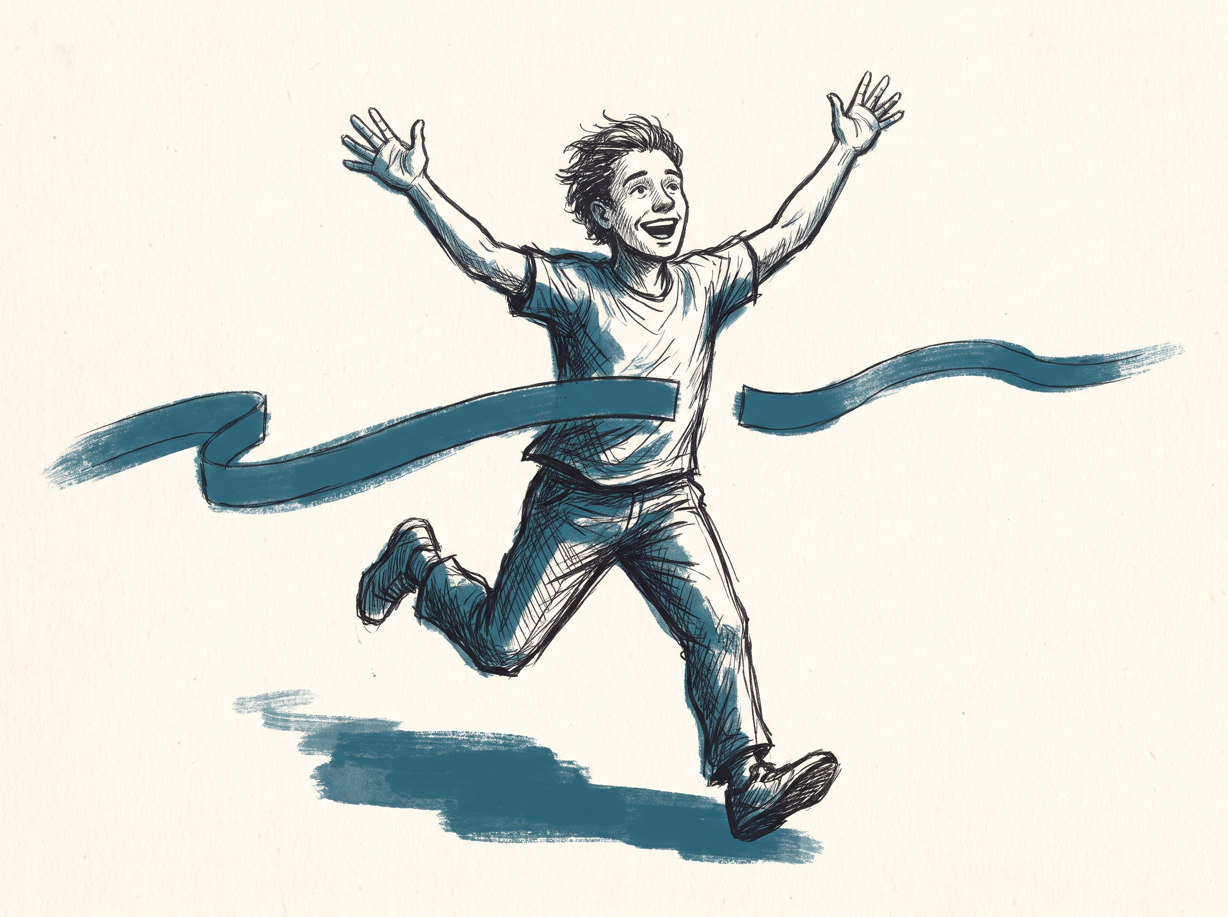 A cartoon runner breaking through a finish-line ribbon, arms raised, energetic and joyful rather than a polished podium pose.