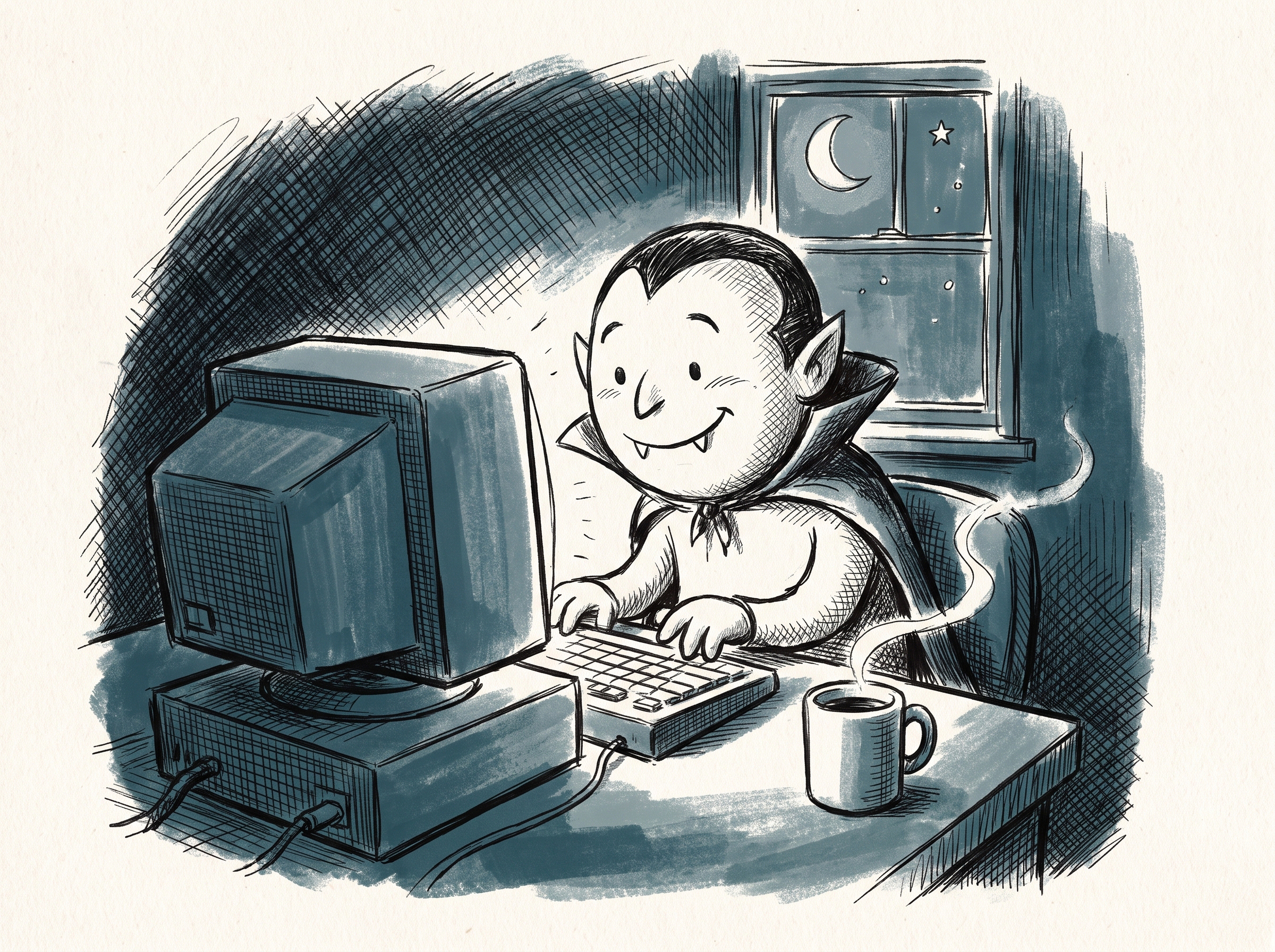 A cartoon vampire happily typing at a computer terminal late at night, with a crescent moon behind him and a steaming mug beside the keyboard.