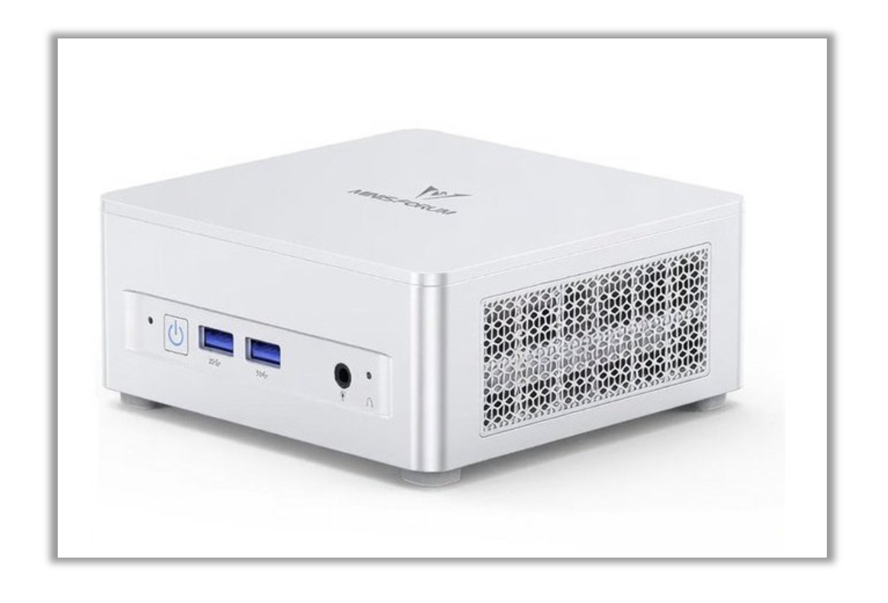 Product photo of the MINISFORUM UM870 Slim mini-PC on a white background, showing the power button, two USB ports and the perforated side vent