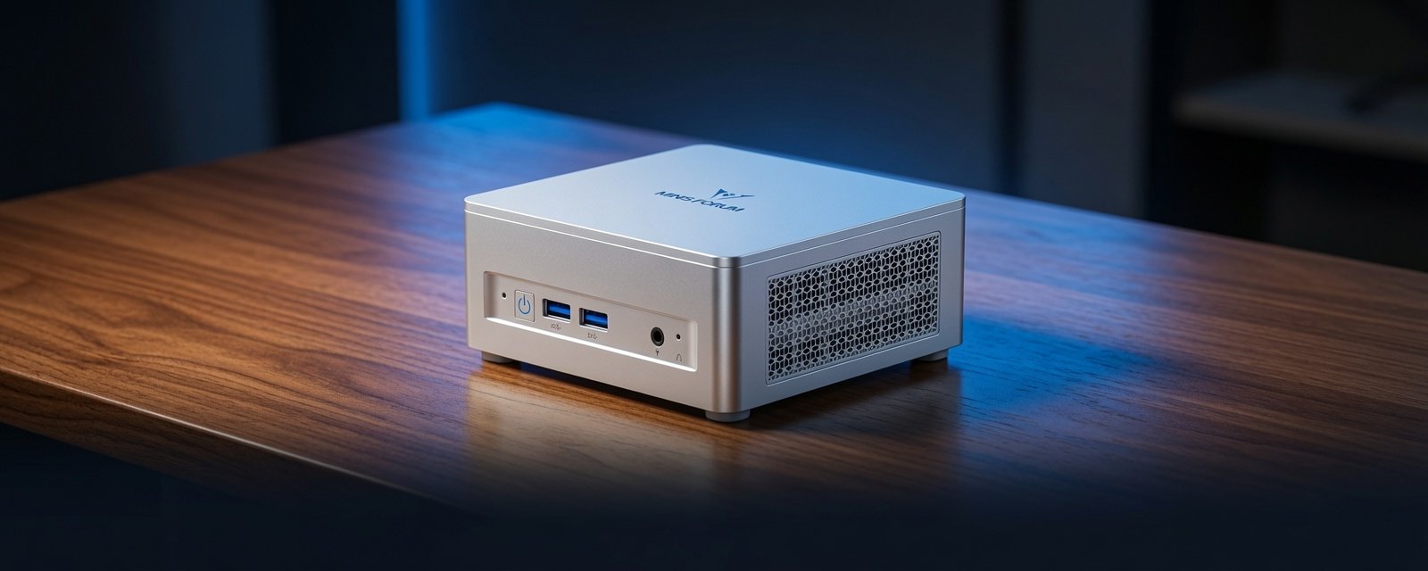 The mini-PC sitting on a wooden desk in a darkened room, lit from above, with nothing else connected to it