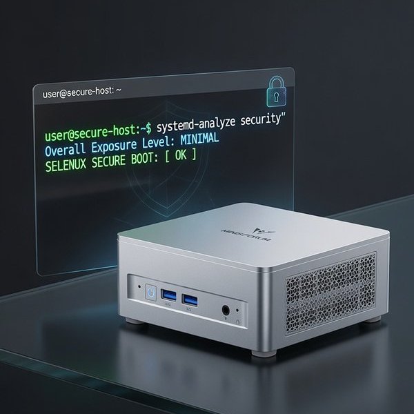 The mini-PC with a terminal window floating above it showing a systemd-analyze security run, an overall exposure level of MINIMAL, and secure boot reporting OK
