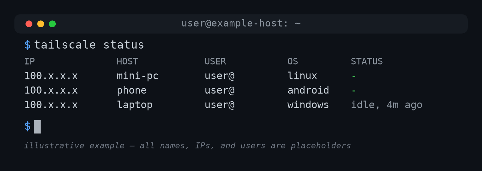 A terminal showing Tailscale connection status with placeholder device names and addresses