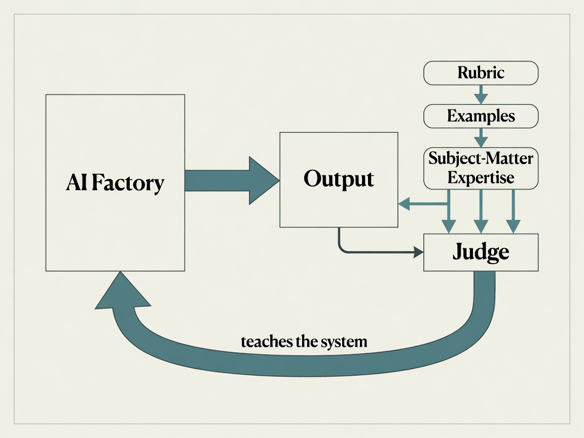 A flow diagram: AI Factory produces Output, which a Judge evaluates against a rubric, examples and subject-matter expertise, feeding corrections back to teach the system